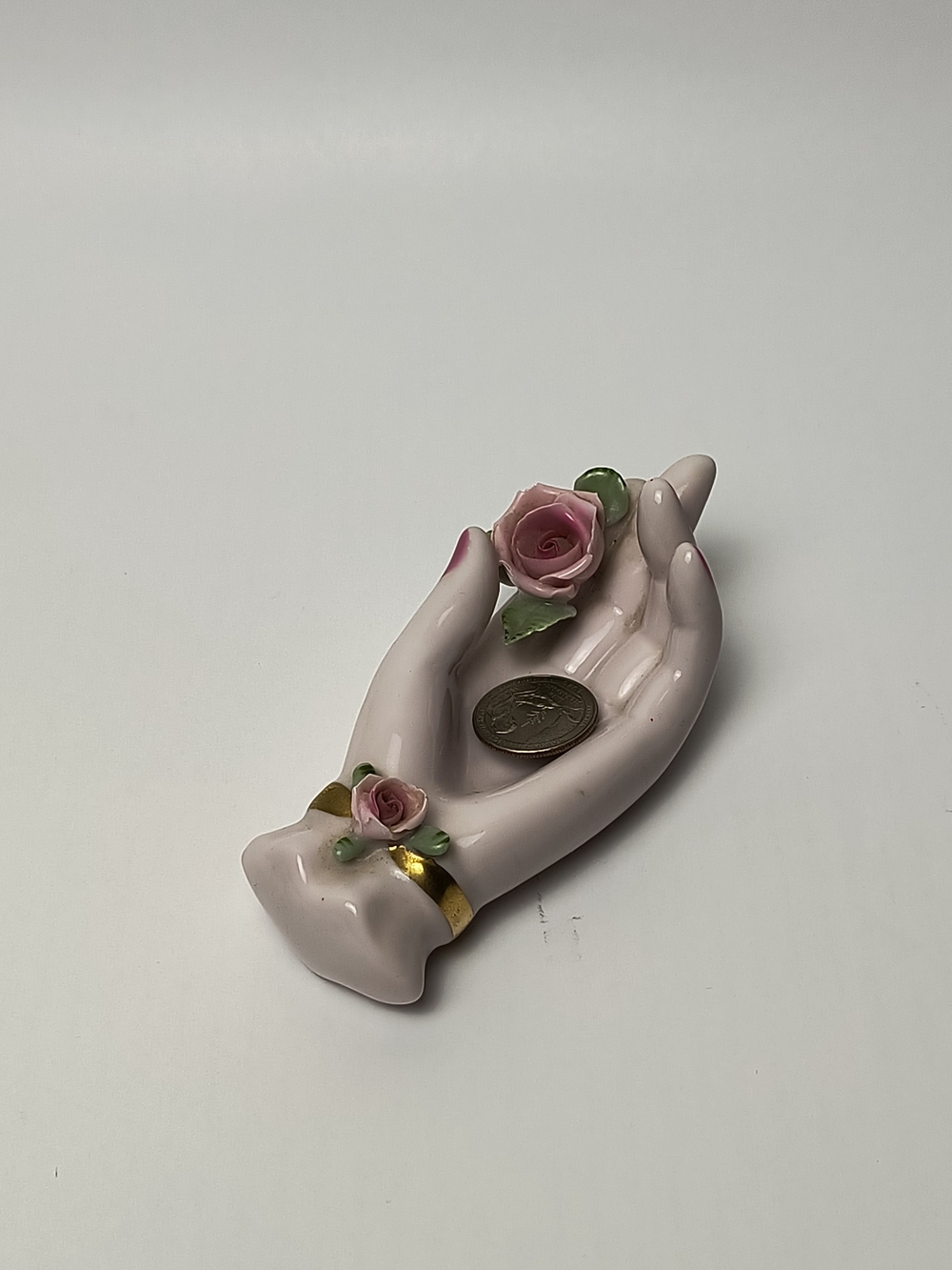 Lefton China Vintage Pink Porcelain Hand Trinket Ring Dish with Rose Accent